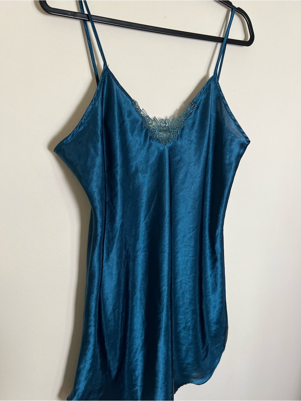 Vintage Embroidered Silky Teal Lace-Trim Slip Dress - Women's Intimates